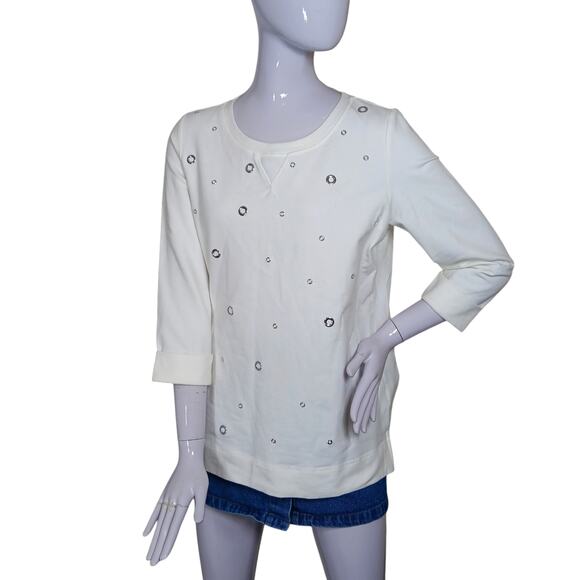 Karen Scott Sport Blouse Size Medium 3/4 Sleeve Round Neckline Grommets Decor - Picture 1 of 9